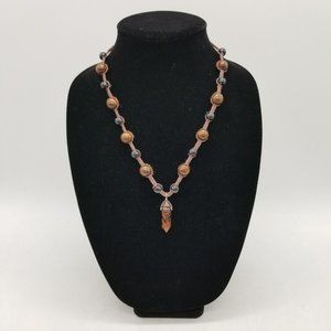 Handmade Beaded Hippe Hemp Necklace with Mahogany Obsidian Stone Pendant, Boho